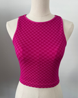 Cropped Ribbed High Neck - Magenta Checker
