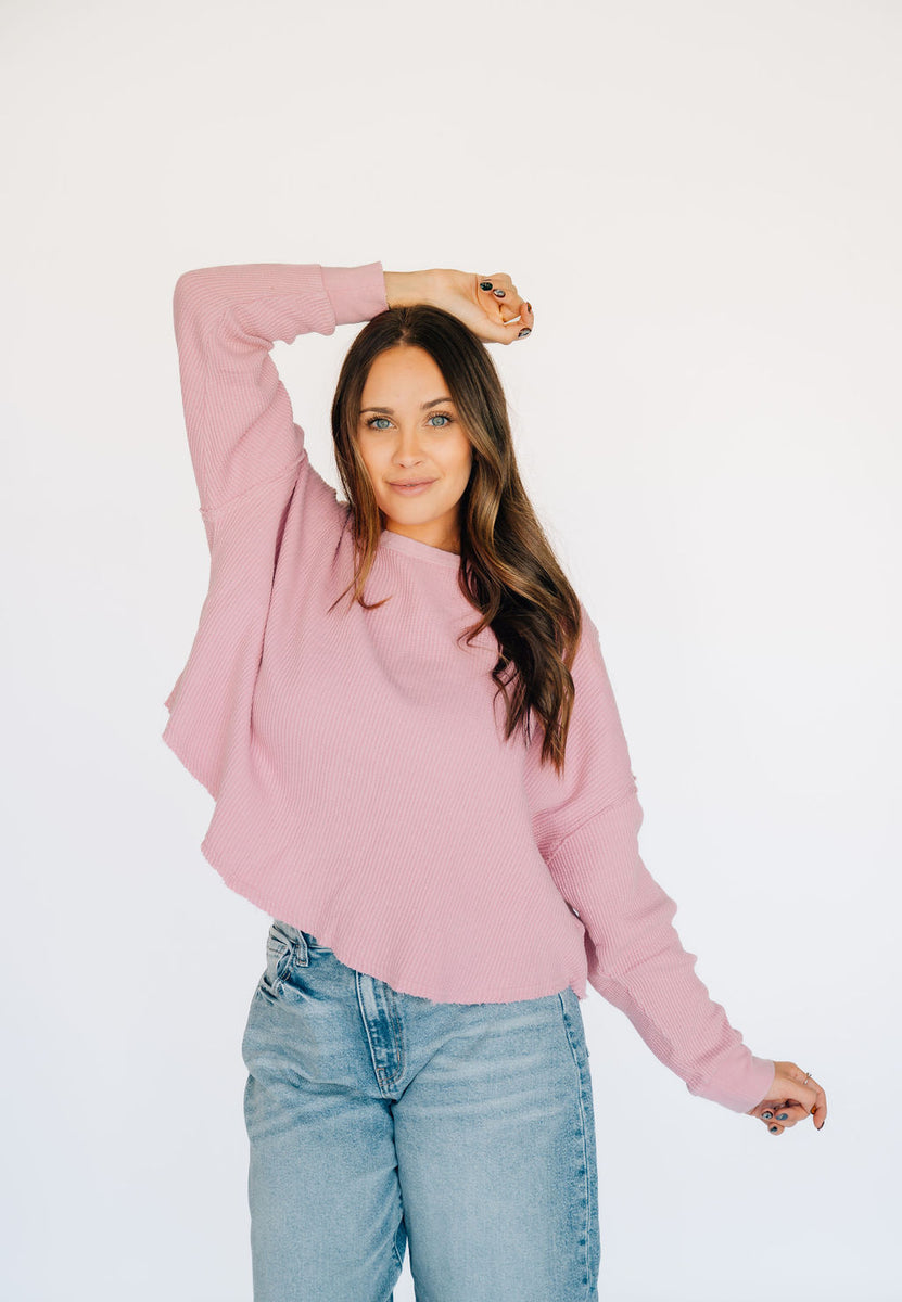 Oversized Waffle Round Hem Long Sleeve - Pink – Comfort Cove