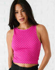 Cropped Ribbed High Neck - Magenta Checker