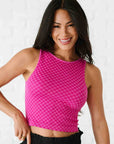 Cropped Ribbed High Neck - Magenta Checker