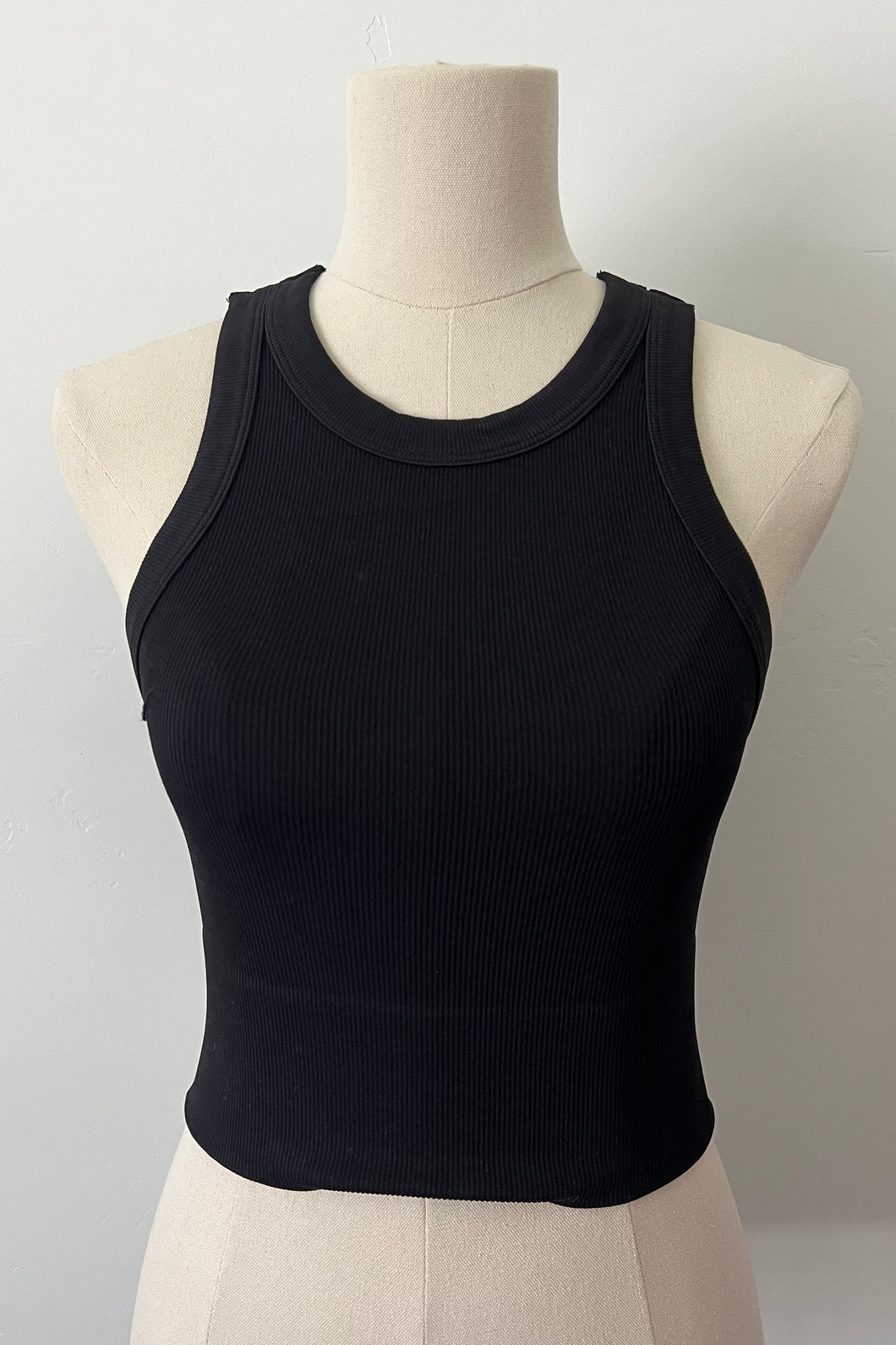 Wide Seam Ribbed High Neck Crop - Black