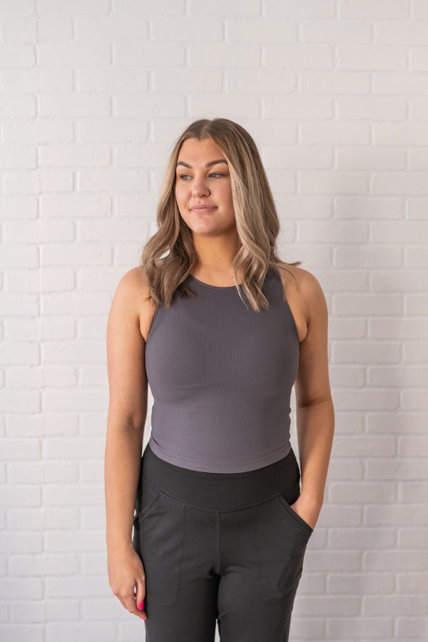 Cropped Ribbed High Neck - Charcoal