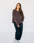 Oversized Waffle Round Hem Long Sleeve - Plum