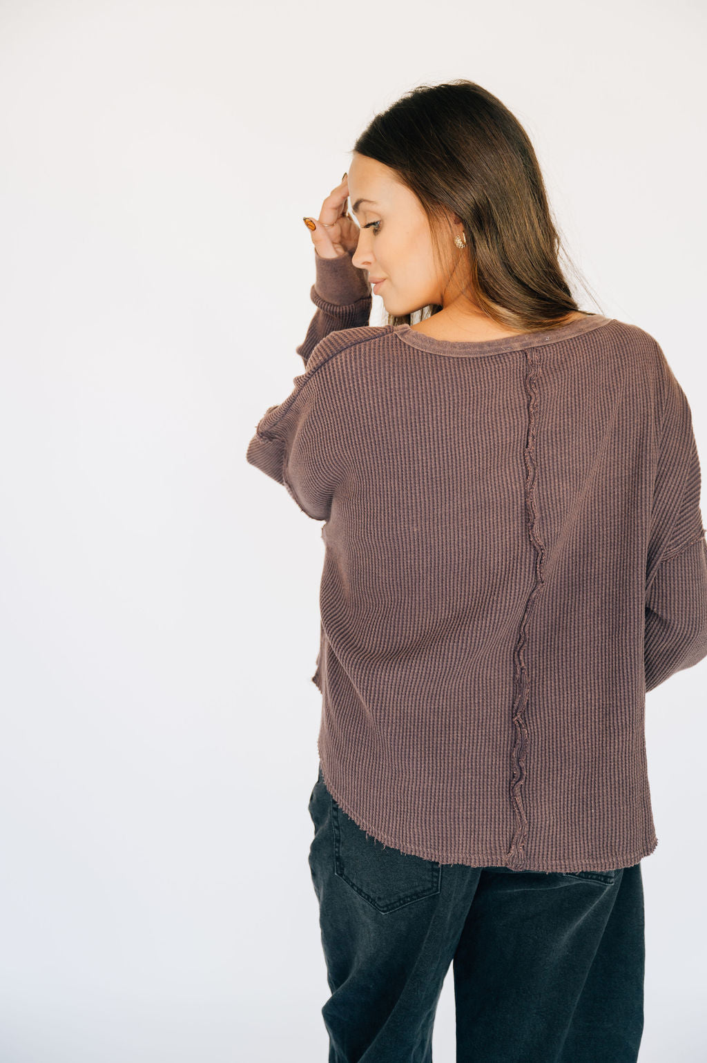 Oversized Waffle Round Hem Long Sleeve - Plum