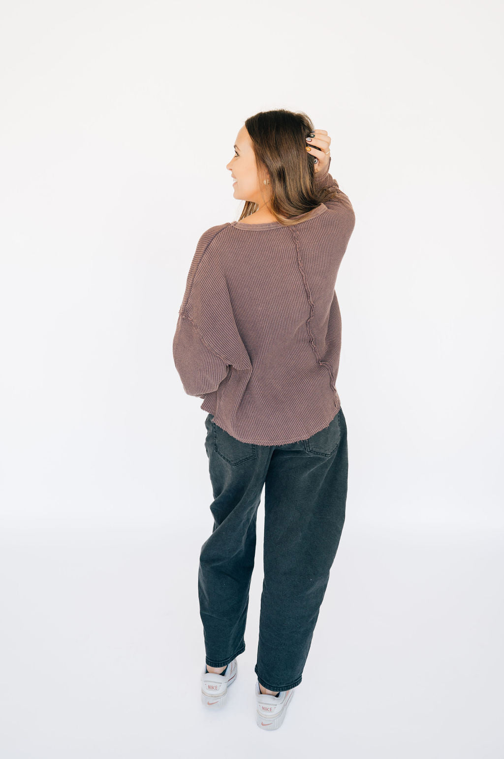 Oversized Waffle Round Hem Long Sleeve - Plum