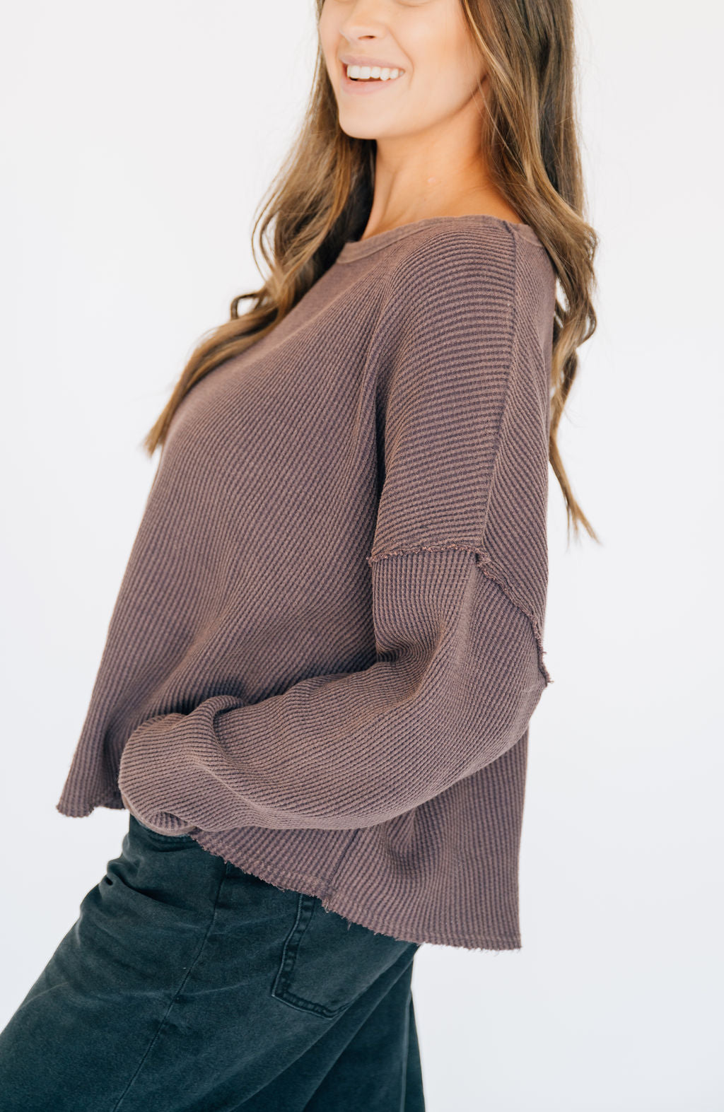 Oversized Waffle Round Hem Long Sleeve - Plum