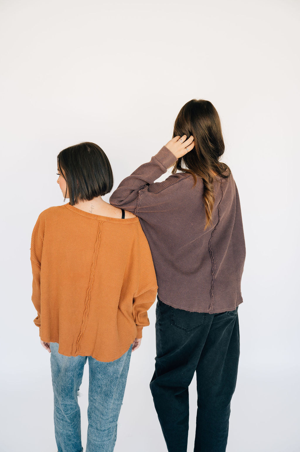 Oversized Waffle Round Hem Long Sleeve - Chestnut