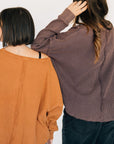 Oversized Waffle Round Hem Long Sleeve - Chestnut