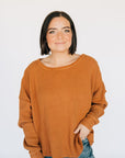 Oversized Waffle Round Hem Long Sleeve - Chestnut