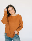 Oversized Waffle Round Hem Long Sleeve - Chestnut