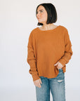 Oversized Waffle Round Hem Long Sleeve - Chestnut