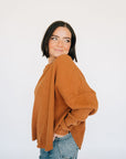 Oversized Waffle Round Hem Long Sleeve - Chestnut