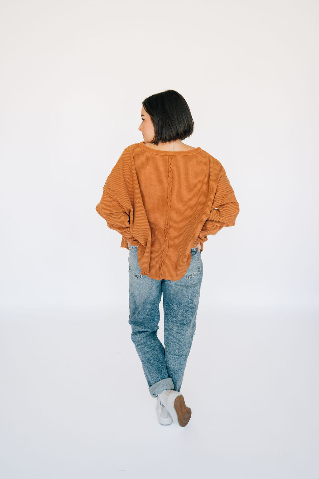 Oversized Waffle Round Hem Long Sleeve - Chestnut