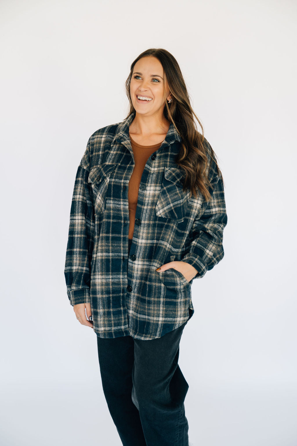 Navy &amp; Tan Plaid Shacket