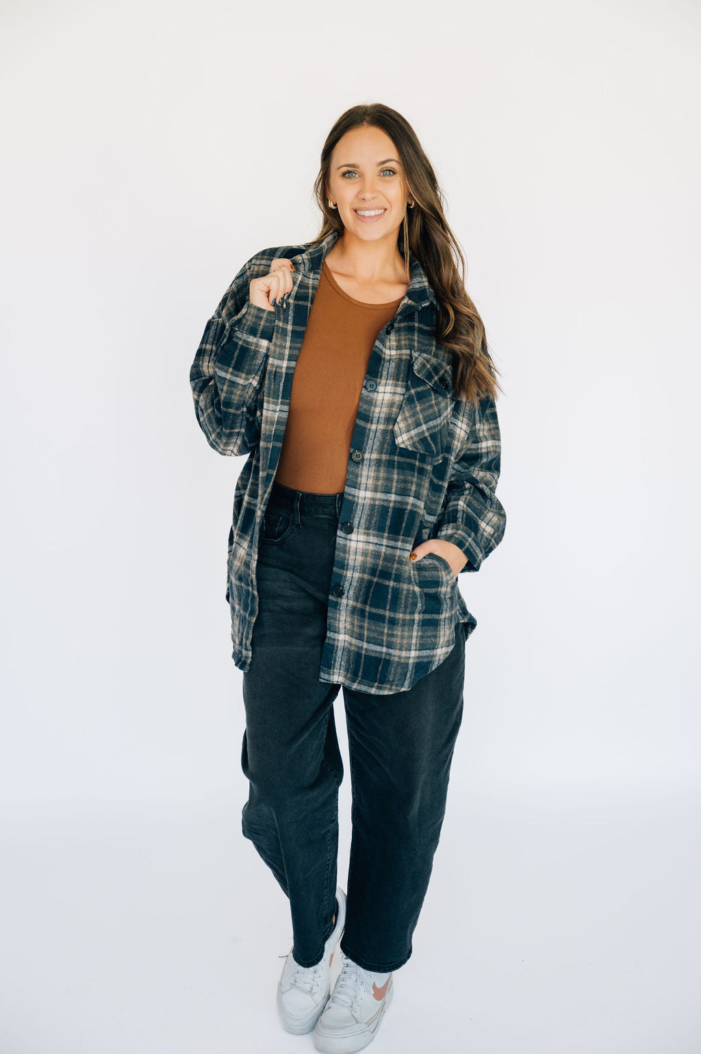 Navy &amp; Tan Plaid Shacket