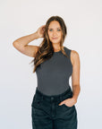 High Neck Ribbed Tank Bodysuit - Charcoal