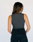 High Neck Ribbed Tank Bodysuit - Charcoal