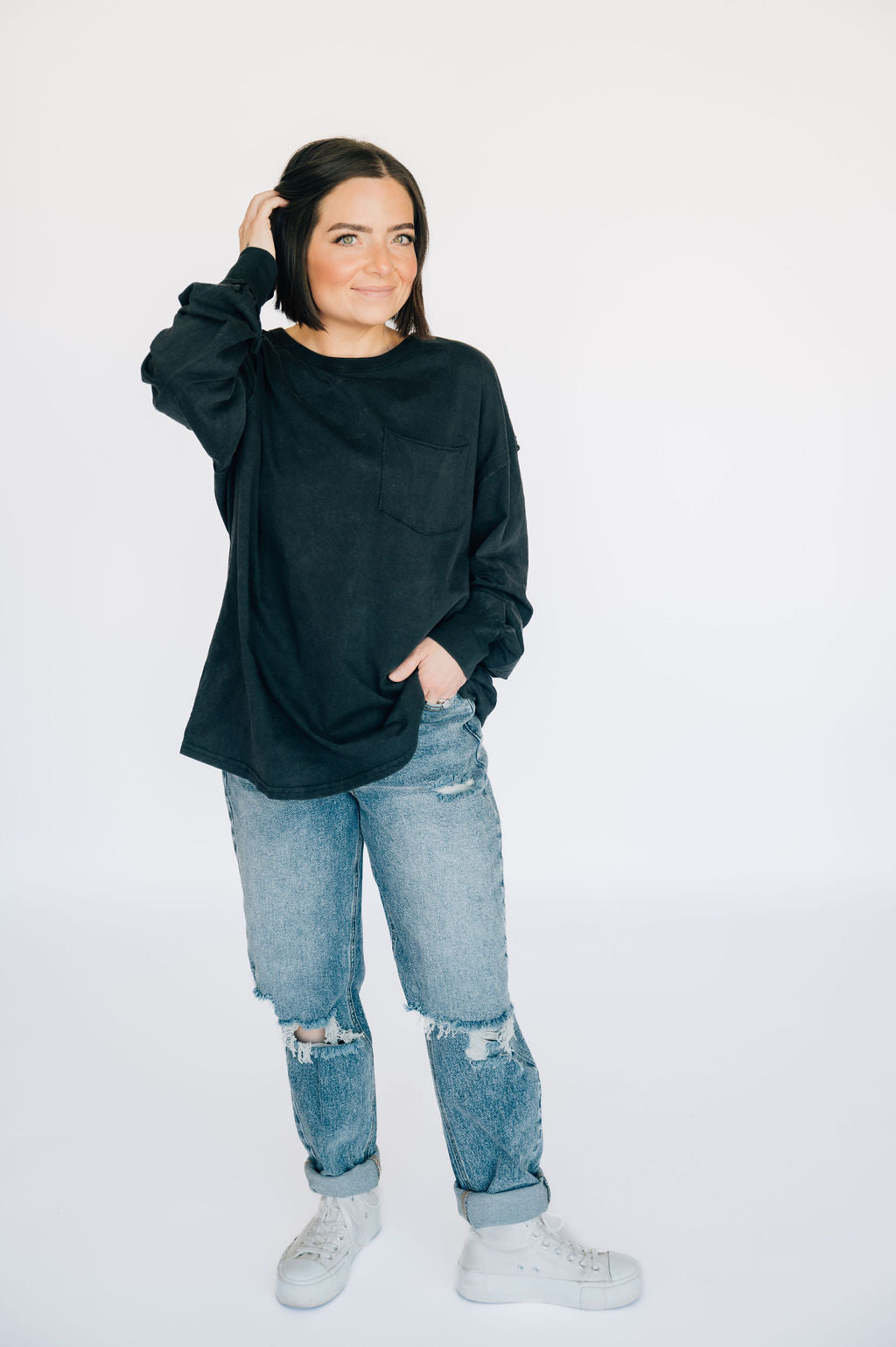 Oversized Washed Long Sleeve Pocket Tee - Black