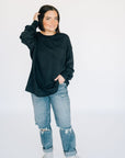 Oversized Washed Long Sleeve Pocket Tee - Black