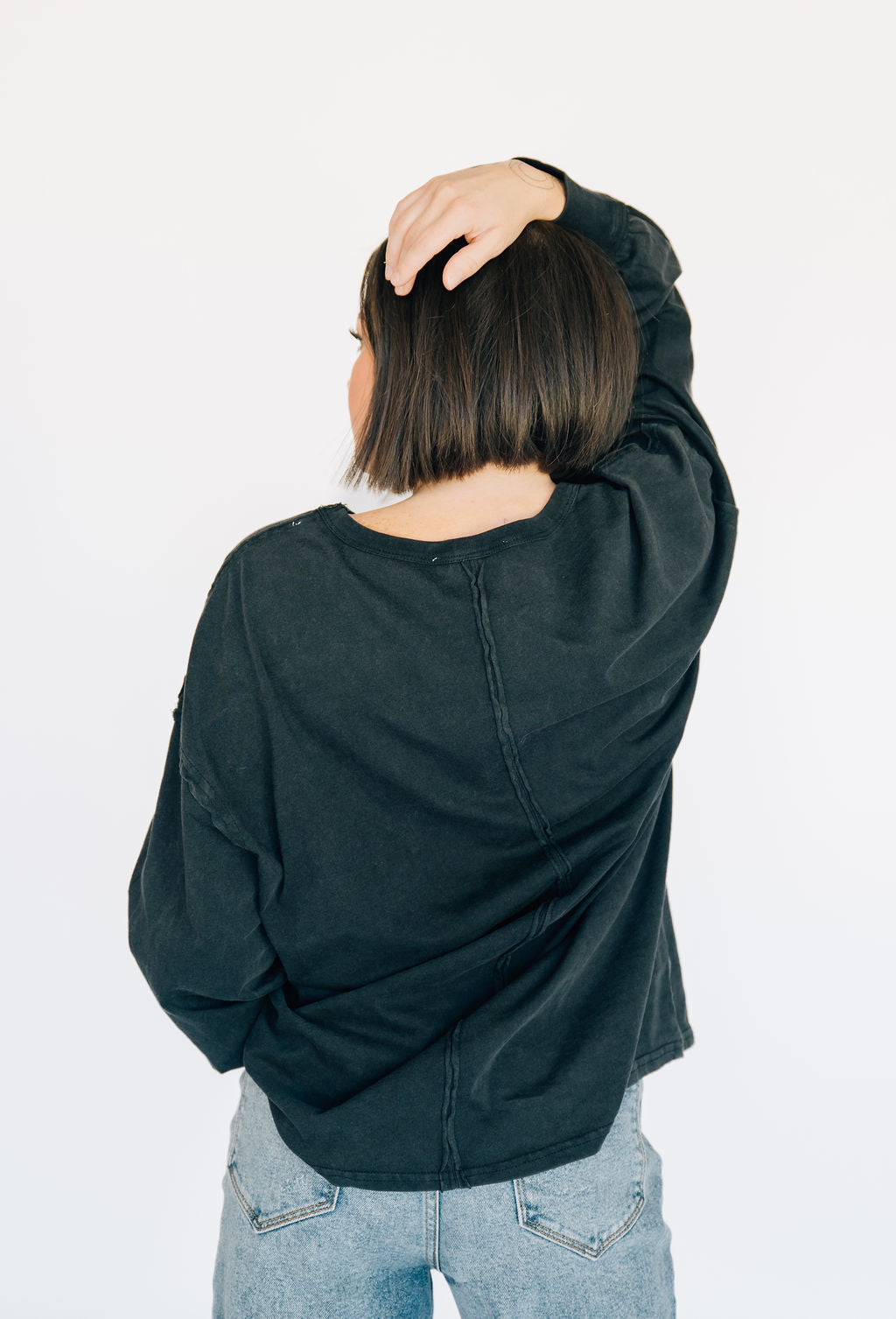 Oversized Washed Long Sleeve Pocket Tee - Black