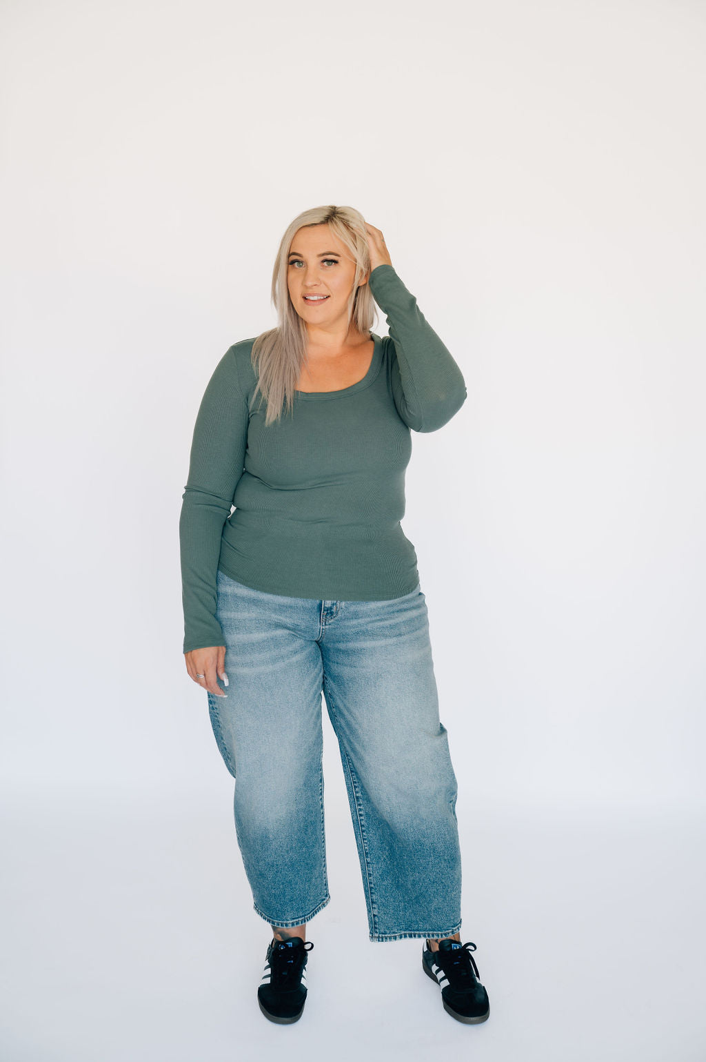 Scoop Neck Ribbed Long Sleeve - Green