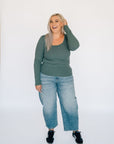 Scoop Neck Ribbed Long Sleeve - Green