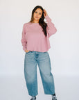 Oversized Waffle Round Hem Long Sleeve - Pink