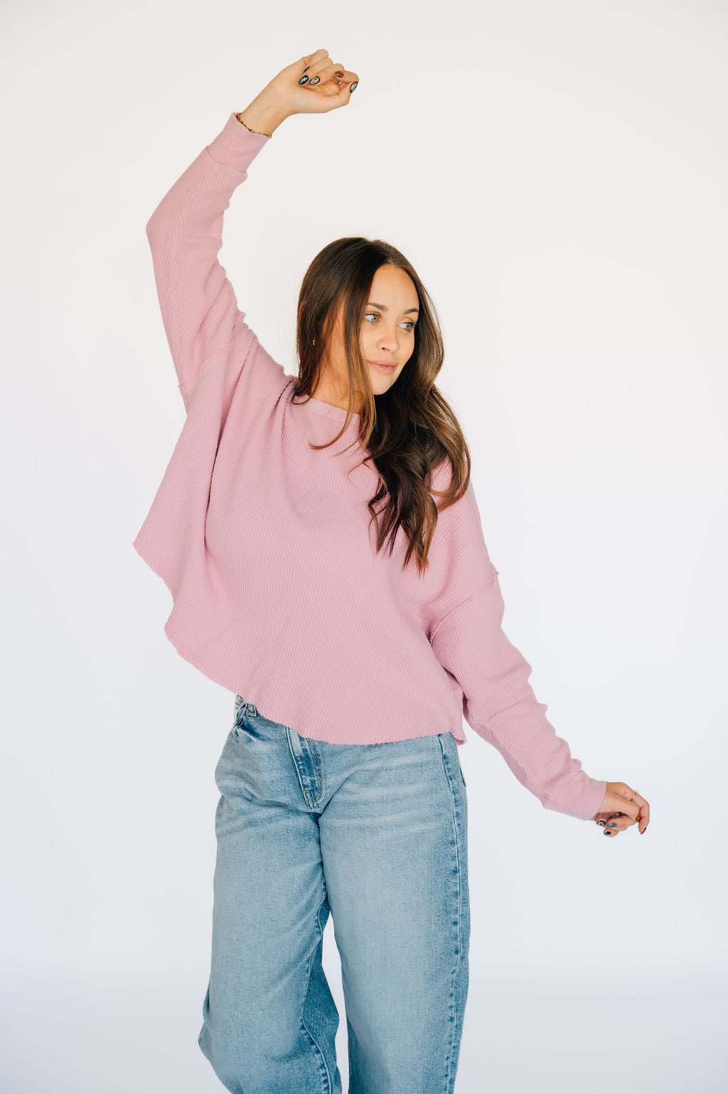ピンク　hth Random Heart Waffle Long Tee Waffle Long Sleeve Cropped Henley Tee | Express