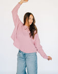 Oversized Waffle Round Hem Long Sleeve - Pink