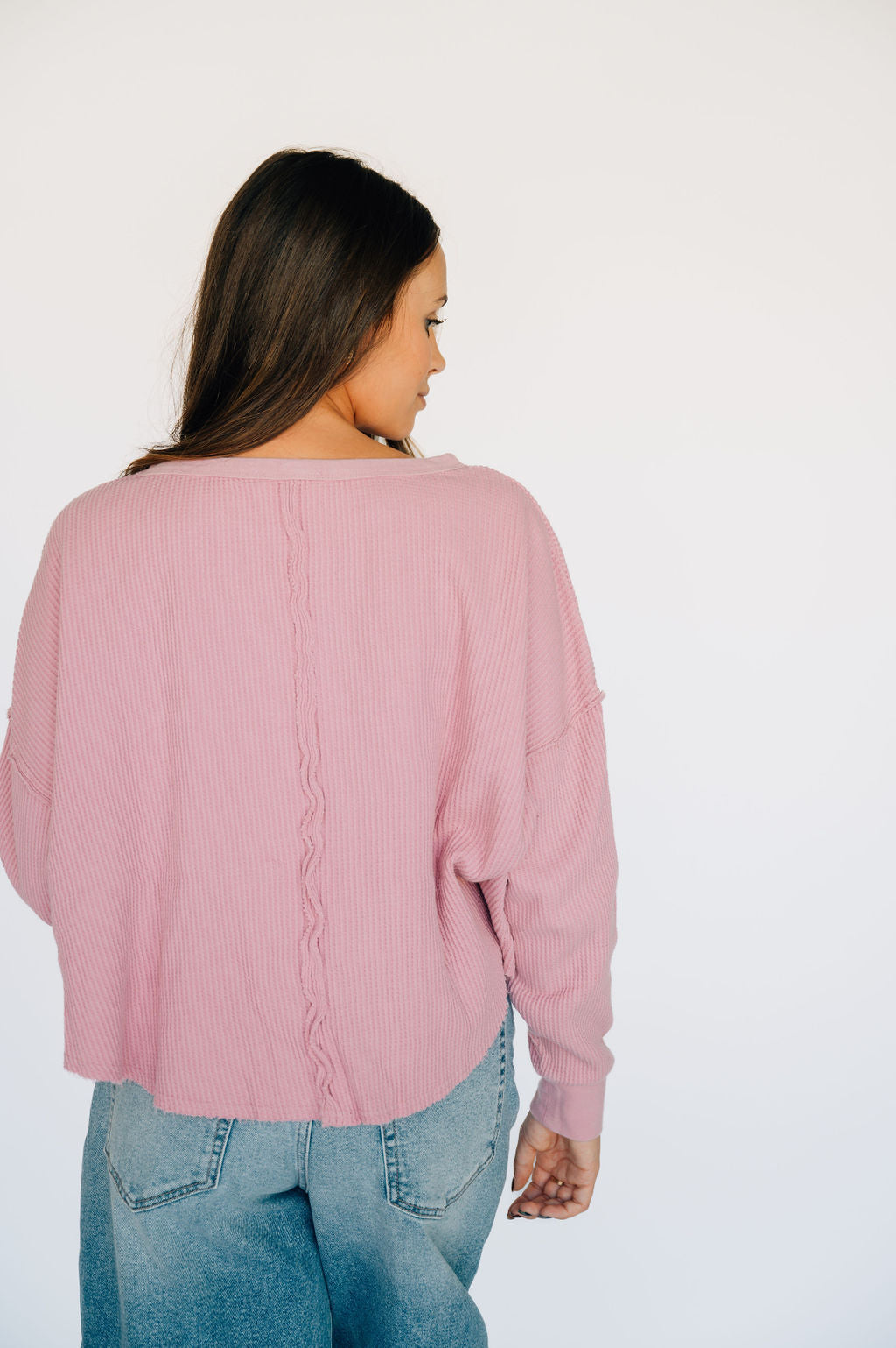 Oversized Waffle Round Hem Long Sleeve - Pink