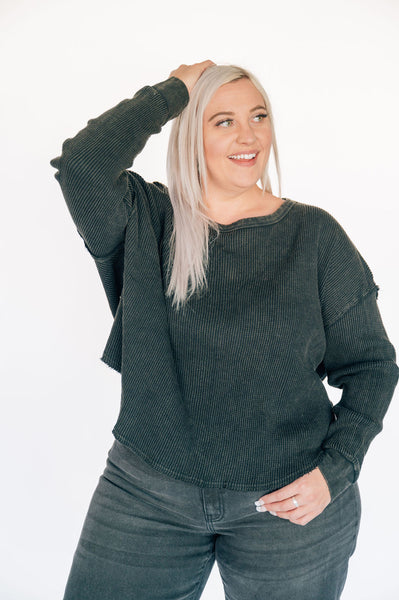 Oversized Waffle Round Hem Long Sleeve - Black – Comfort