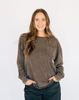 Oversized Washed Long Sleeve Pocket Tee - Espresso