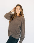 Oversized Washed Long Sleeve Pocket Tee - Espresso