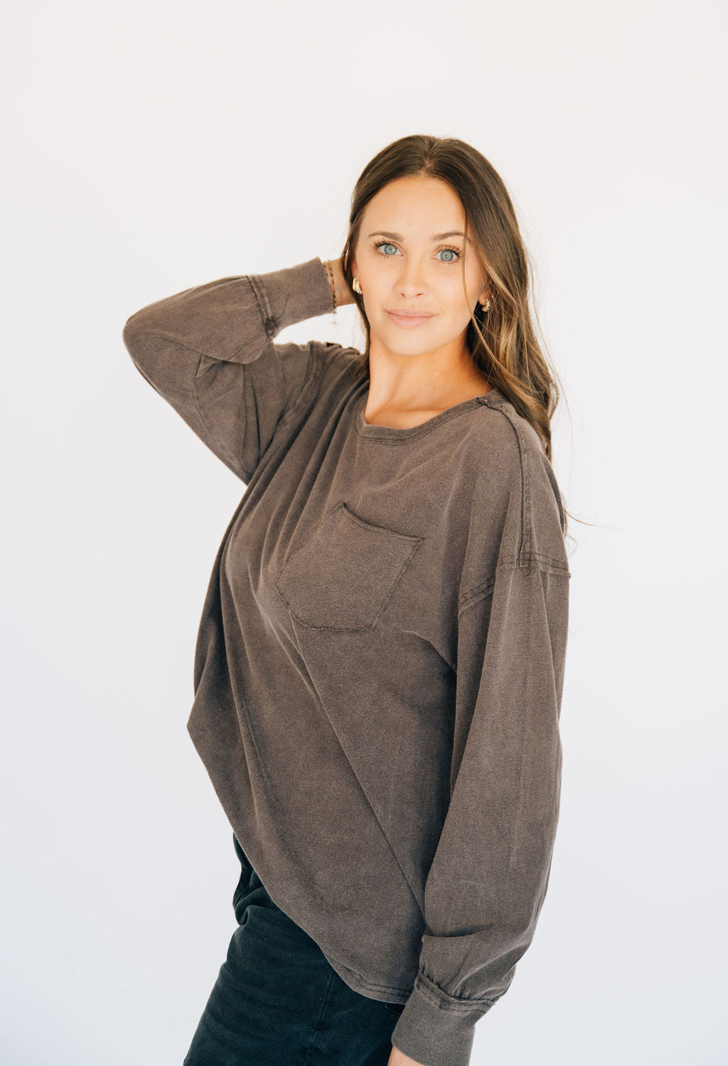 Oversized Washed Long Sleeve Pocket Tee - Espresso