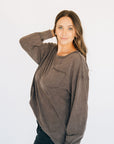 Oversized Washed Long Sleeve Pocket Tee - Espresso