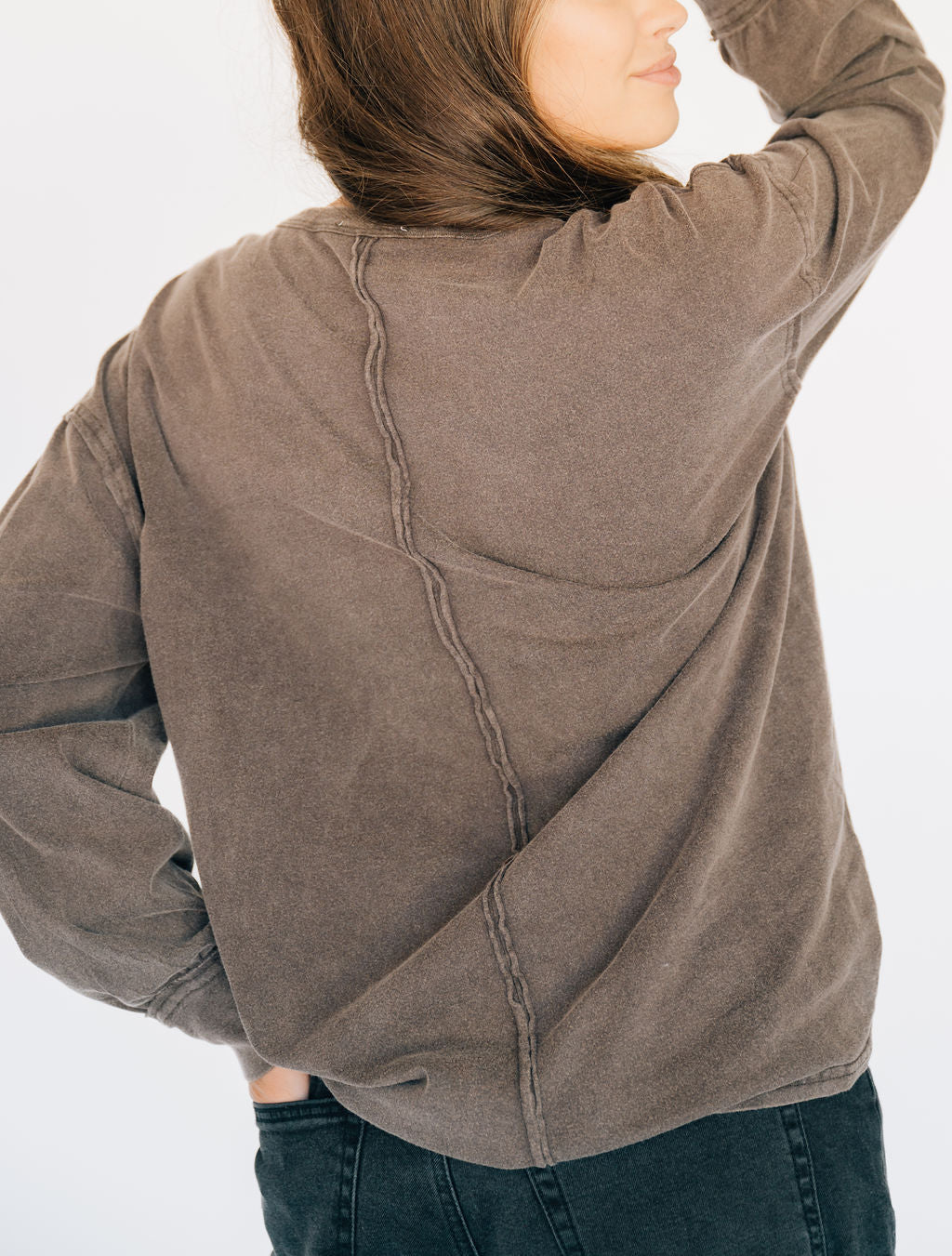 Oversized Washed Long Sleeve Pocket Tee - Espresso