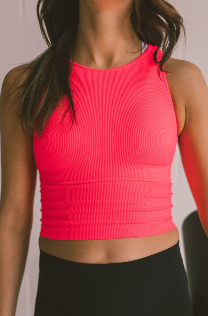 Cropped Ribbed High Neck - Neon Coral